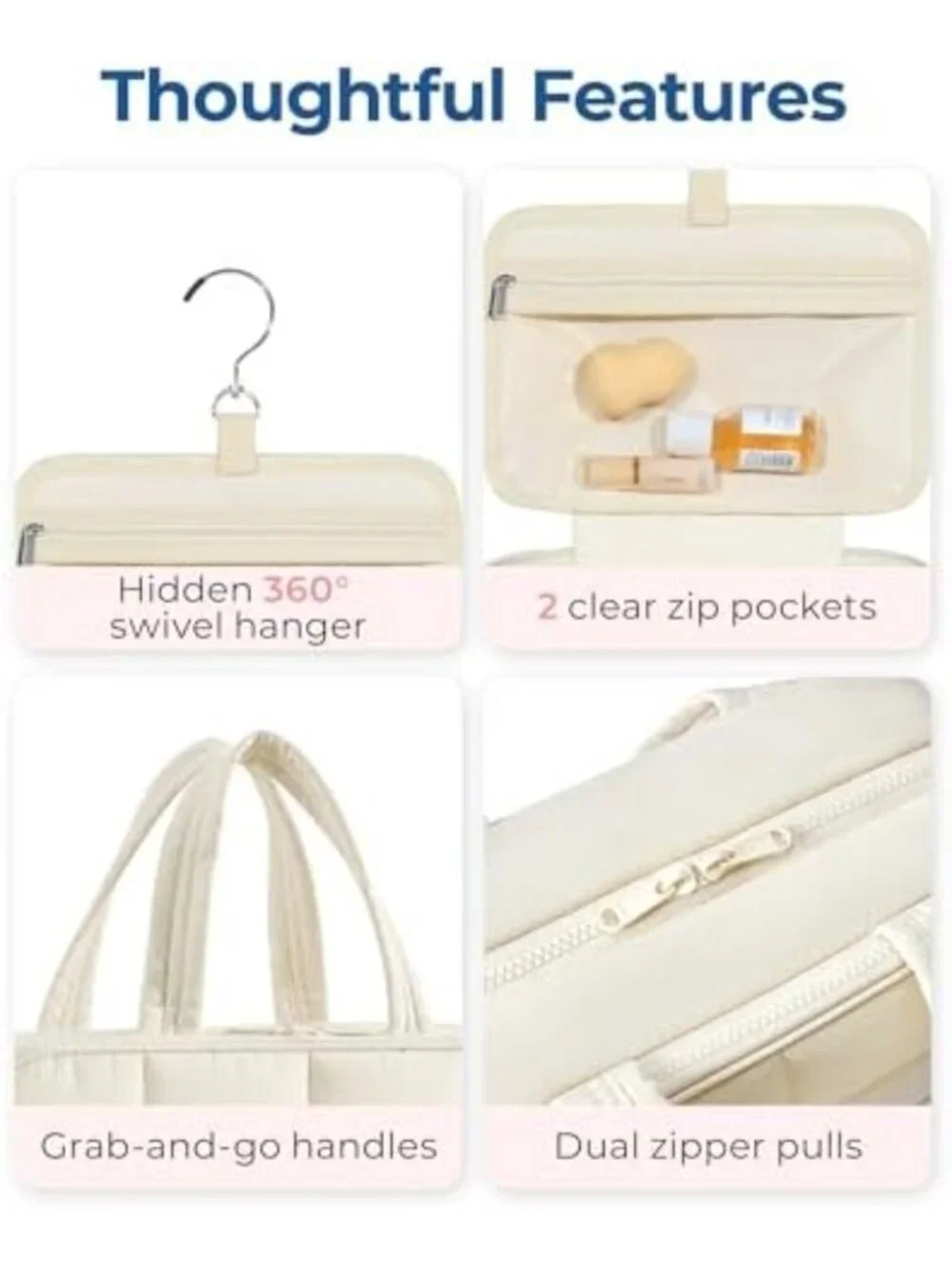 Travel Toiletry Bag with Jewelry Organizer | Hanging Makeup Cosmetic Bag | Beige